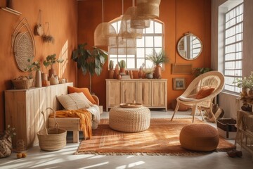 Orange and white farmhouse wooden living room with sofa, rattan chest of drawers, jute carpet, and décor. Boho chic interior design, plan, top,. Generative AI