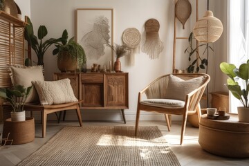 Boho living room with imitation poster frame, antique chair, wooden desk, plants, macrame, and lovely accessories. Modern decor. Decorate house. Template. Generative AI