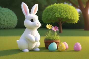 Happy Easter White bunny rabbit sitting in a field with a yellow painted egg in front of it and trees and flowers in the background next to a wicker basket with spring flowers. generative ai illustrat