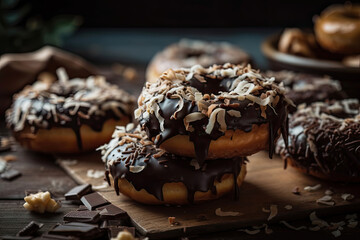 Fresh Donuts with chocolate glaze and coconut shreds on the table Generative AI