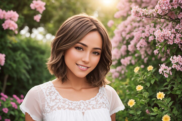 Fototapeta premium Happy woman with beautiful hair on the background of a blooming garden. Generative AI.