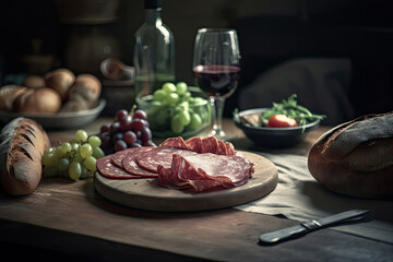 Fresh Italian salami, bread and red wine and salad on the table Generative AI