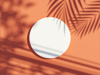 3d render top view of white blank cylinder frame for mock up and display products with shadows of palm leaves with summer background.