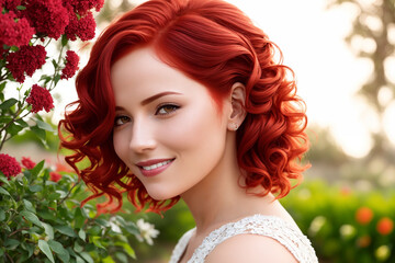 Naklejka premium Happy woman with beautiful hair on the background of a blooming garden. Generative AI.