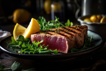  Fresh Grilled tuna with herbs and lemon and salad on the table Generative AI