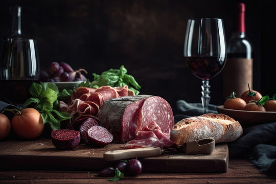 Fresh Italian salami, bread and red wine and salad on the table Generative AI