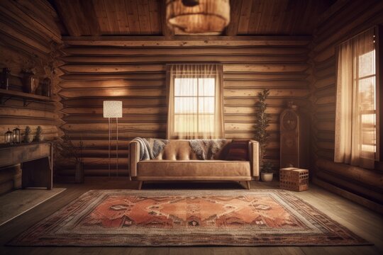Log cabin living room, blurred. Carpet, fabric sofa, windows. Frame mockup, farmhouse interior,. Generative AI