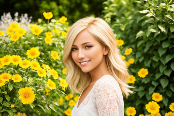 Naklejka premium Happy woman with beautiful hair on the background of a blooming garden. Generative AI.