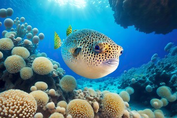 Wild puffer fish swims in open sea among white corals, created with generative ai