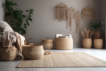 Fototapeta na wymiar Modern living rooms include decorative wicker baskets on the floor. Generative AI