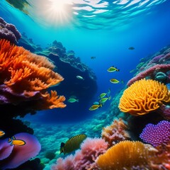 A panoramic view of a vibrant coral reef, with a variety of colorful fish and other marine life swimming in the clear blue water.