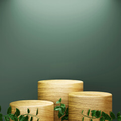 Wood podium product display and leaf on green background. Ecology background. 3d render.