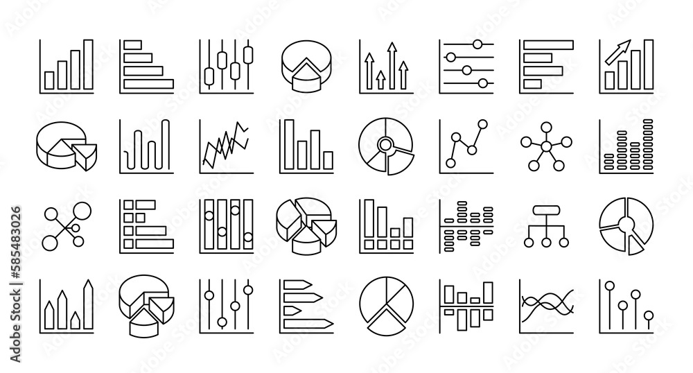 Poster set icons diagram in linear style. infographics icon chart vector graphics
