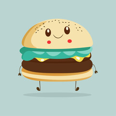 Hamburger illustration. Character in the form of a hamburger. Cheerful funny cheeseburger