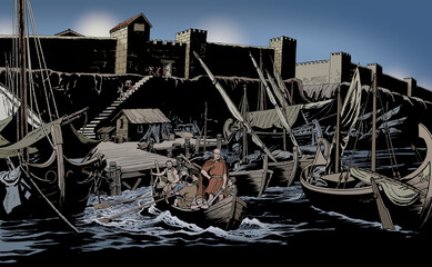 Magna Greece - City of Taras, Praetor Livy flees by boat - obrazy, fototapety, plakaty