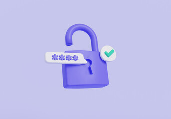 Purple padlock with password and approved icon. Data protection, private access icon, password security access, privacy protection, personal information. Security concept. 3d rendering illustration © Nostagrams