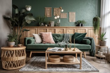 Pillows on green sofa in living room with wooden table and plants. Real picture. Generative AI