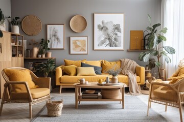 Contemporary boho apartment living room with gray couch, honey yellow cushions and plaid, plants, artworks, rattan basket, and design personal accessories. Interior design. Template. Generative AI