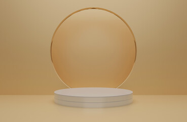 3d render of minimalist podium showcase stage in interior room yellow or gold studio and lighting for product display abstract background.