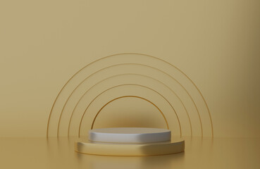 3d render of minimalist podium showcase stage in interior room yellow or gold studio and lighting for product display abstract background.