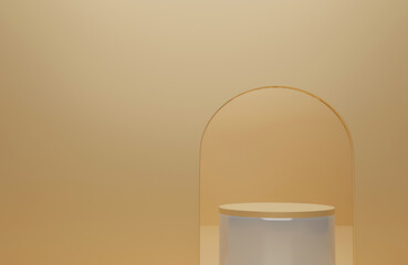 3d render of minimalist podium showcase stage in interior room yellow or gold studio and lighting for product display abstract background.