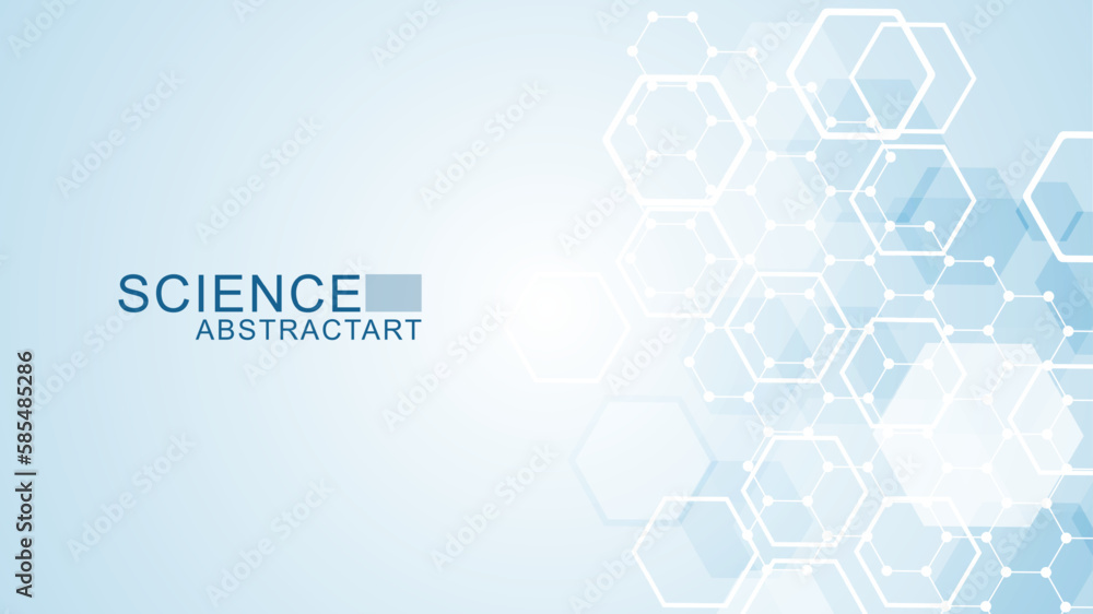 Poster modern scientific background with hexagons, lines and dots. wave flow abstract background. molecular