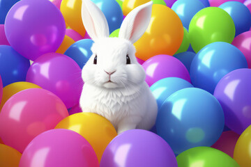 Cute white eared rabbit sits surrounded by colorful balloons. Birthday party. Baby gift generative ai illustration.
