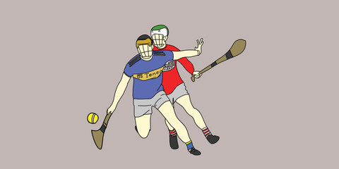Two hurling players against each other - obrazy, fototapety, plakaty