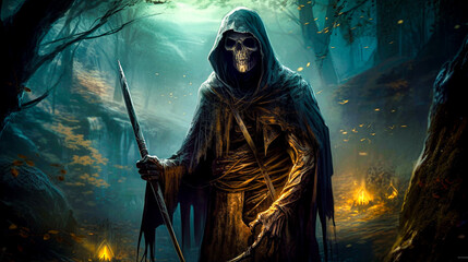 The Grim Reaper in a haunted forest, horror Halloween concept. AI generated.