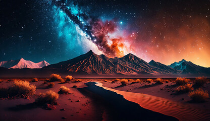 beautiful nebula galaxy mountains view night landscape new quality stock image nature illustration desktop wallpaper design, Generative AI