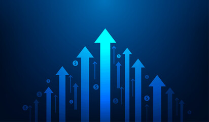 arrow growth profit investments technology on dark blue background. speed arrow up to success. stock market graph trading. vector illustration fantastic technology.