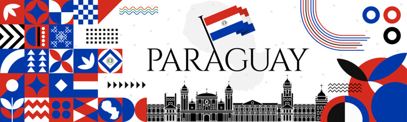 The Paraguay Independence Day abstract banner design with flag and map. Flag color theme geometric pattern retro modern Illustration design. red, white and blue color template. - obrazy, fototapety, plakaty
