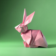 Pink paper bunny in origami on a green background. Image created with generative artificial intelligence, 3d style. Minimal easter concept.