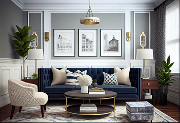 Interior design of a transitional living room that combines traditional and modern design elements using classic furniture pieces, modern decor, and a mix of textures and patterns | Generative AI