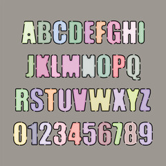 Set of colorful alphabet capital letters and numbers. Creative cute font line art design on grey background. 