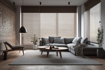Minimalist gray toned wooden living room. Carpets, cushions, venetian blinds, and fabric couch. Simple interiors. Generative AI
