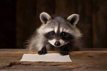 Photorealistic Cute Raccoon Holding Blank Mockup Card. Generative Ai