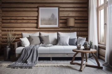 Gray beige log cabin living room, front view. Frame mockup, fabric sofa with cushions. Farmhouse decor,. Generative AI