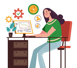 People programmer working in office at computer concept. Vector graphic design illustration