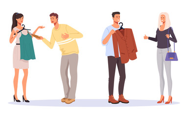 Obraz premium Couple having shopping in mall. Shopper people concept set. Vector graphic design illustration 