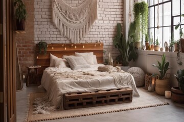 Boho bedroom decor. Wooden bed on white brick wall with large macrame and garland. Contemporary basic pleasant room. Generative AI