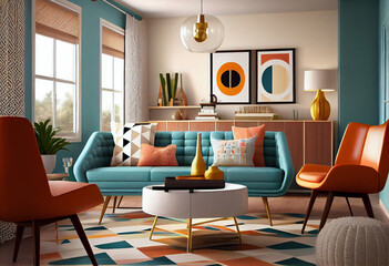 Interior design of a mid-century modern living room that is both stylish and functional using retro-inspired furniture pieces to create a space that feels nostalgic and contemporary | Generative AI