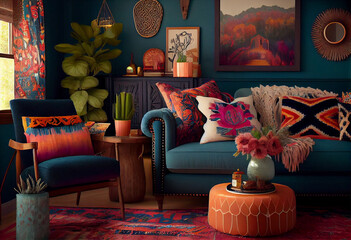 Interior design of a bohemian living room that is colorful and eclectic using bold patterns, bright colors, and decor items to create a space that feels free-spirited and artistic | Generative AI
