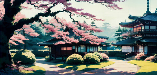 Cherry Tree Blossoming Above Traditional Japanese Homes Generative AI Art Illustration