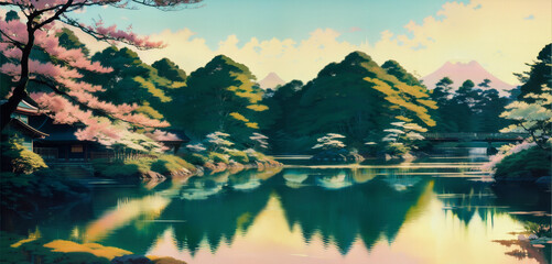 Serene Pond in Japan Warm Colors at Sunrise Mountain in Backdrop Generative AI Art Illustration