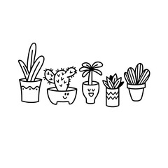 Set of potted plants in a hand-drawn style. Vector linear illustration.