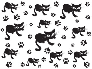 black cats texture with footprints, black and white, vector illustration, art.