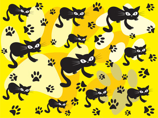 black cats texture with footprints, yellow background, vector illustration, art.