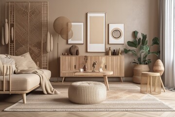 Modern beige living room with mock up structural painting, beige wooden sideboard, and boho inspired decorations. Copies. Template. Generative AI