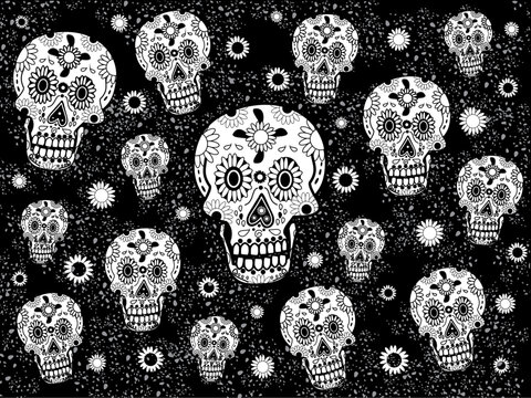 mexican holiday day of the dead skulls texture in black and white, vector illustration, bone.